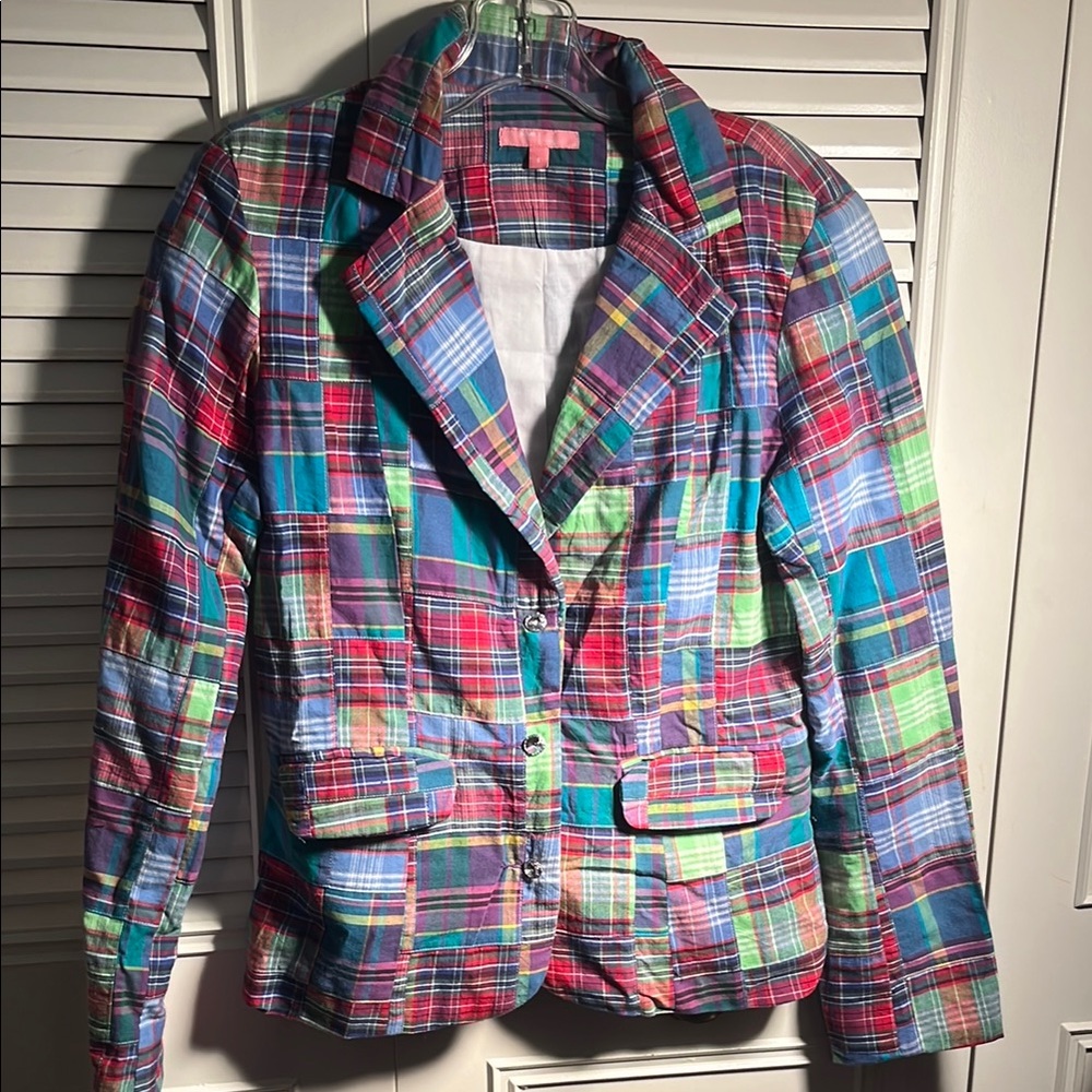 Jacket small patchwork jacket w pocketsBust 34”, length 23” Perfect!  Never worn